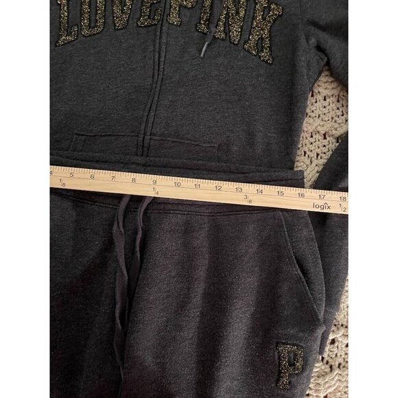 Victorias Secret PINK Love Pink‎ Charcoal Hoodie & Jogger Set XS TOP L PANTS - Picture 7 of 14